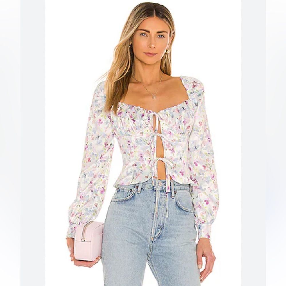 Majorelle Waldorf Blouse Sz S floral tie peasant top Revolve $158 NWOT